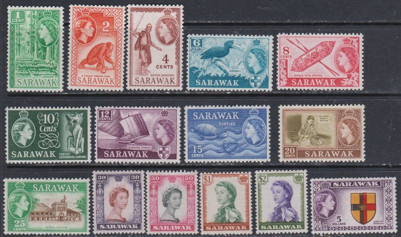 Sarawak 1955-1957 Scott 197-211 Queen and various MNH