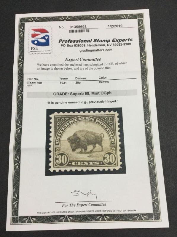 MOMEN: US STAMPS #700 MINT OGph PSE GRADED CERT SUP-98