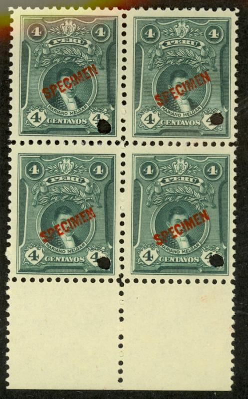 PERU 1922 4c Melgar Portrait BLOCK OF 4 Ovptd SPECIMEN ABNC Punch Sc 243 MNH