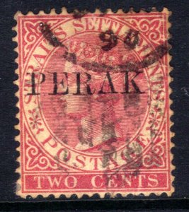 Perak Malaya 1884 - 91 QV 2ct Rose used Ovpt Perak Var SG 17 Broken E ( B1282 )