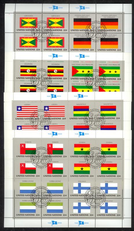 UNITED NATIONS FLAGS 1985 COMPLETE SHEETS w FDOI POSTMARKS NH Sc 450-465