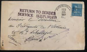 1941 Pipersville USA Censored Service Suspended Due War Cover To Paris France