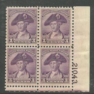 #708 Washington Plate Block Mint LH #21043