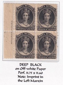 NOVA SCOTIA # 13 VF-MNH BLOCKS 4 12.5cts DEEP/GREY BLACK 2 WITH PART IMPRINTS