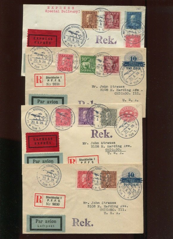 4 5/30/1929 Stockholm Sweden 1st Night Flight Express Airmail Covers To Chicago