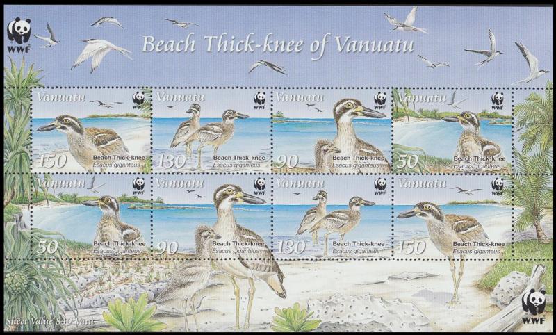 Vanuatu Birds WWF Beach Thick-knee Sheetlet of 2 sets / 8 stamps SG#MS1063