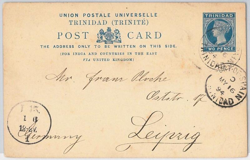 TRINIDAD -  POSTAL STATIONERY CARD from PORT OF SPAIN to GERMANY 1894