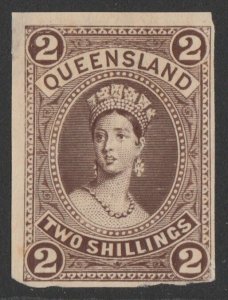 QUEENSLAND 1882 QV Large Chalon 2/- brown, imperf proof colour trial no wmk.