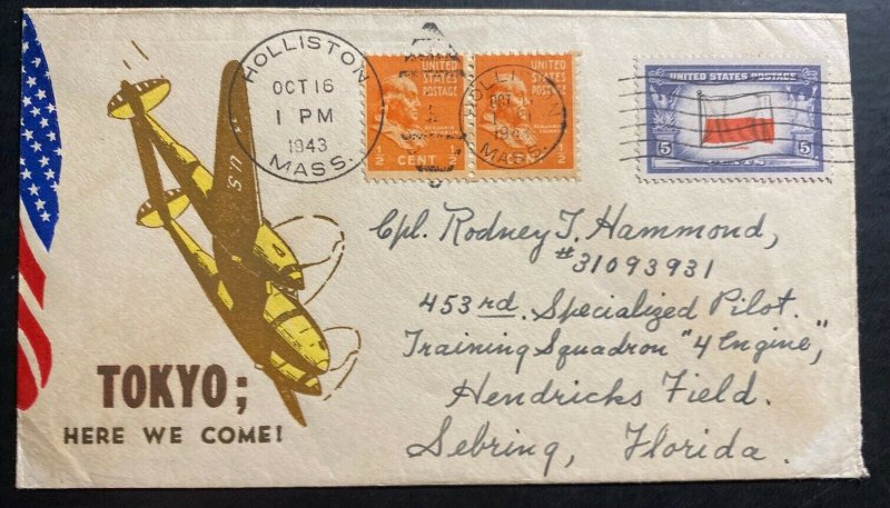 1943 Holliston MA USA Patriotic Cover To Special Pilot Squadron Hendricks Field 