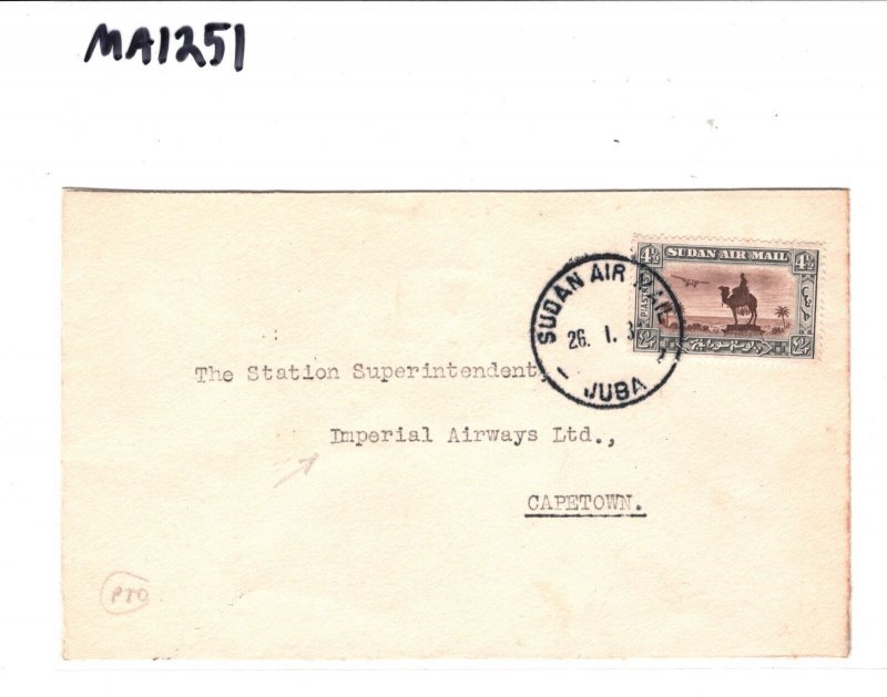 SUDAN Air Mail 4½pi Cover Juba-Cape Town 1931 *IMPERIAL AIRWAYS* Crest MA1251