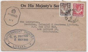 Lusaka, Northern Rhodesia to Los Angeles, Ca 1945 Rhodesian censor (C5588)