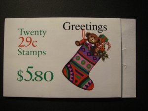 BK218, Scott 2872a, 29c Christmas Stocking, #P33333, MNH Booklet Beauty