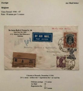 1946 Calcutta India Marble & Terrazzo Airmail  Cover To Bruxelles Belgium