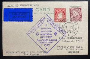 1939 Dublin Ireland First Transatlantic Flight PC Cover To Botwood Newfoundland