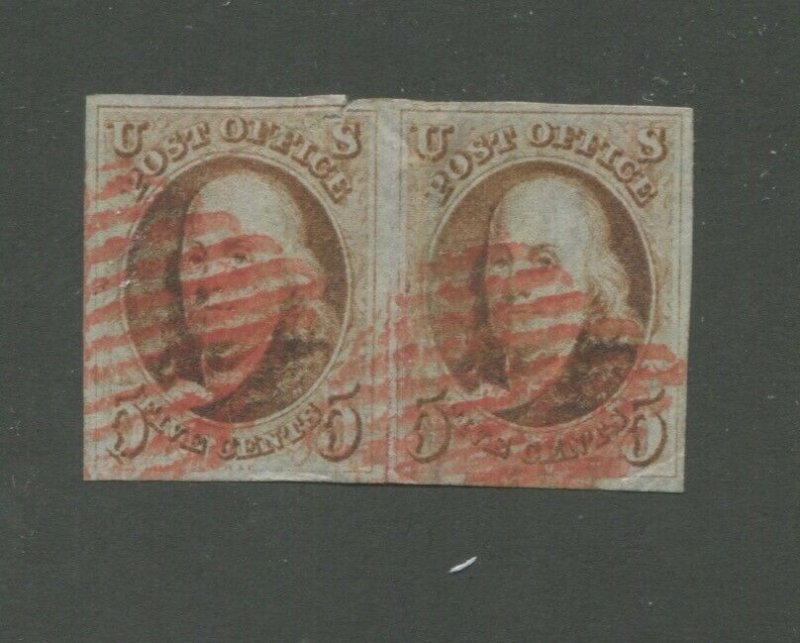 1847 United States Postage Stamp #1 Used Pair Red Cancel tear at top