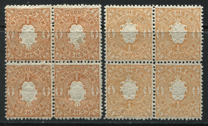 Saxony 1863 1/2 neu groschen orange & red orange in blocks of 4 mint o.g.