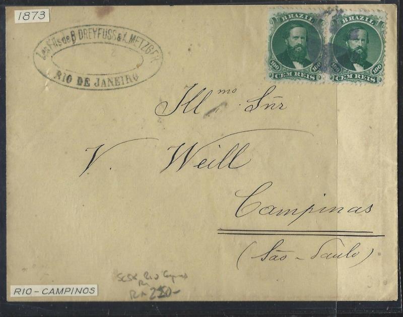 BRAZIL  (PP2701B) 1872 DOM PEDRO 100R PERF PR RIO TO CAMPINAS