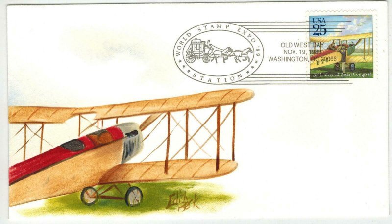 World Stamp Expo '89 Scarce Cancel EDITH BECK HANDPAINTED 2436 BIPLANE 10 Made