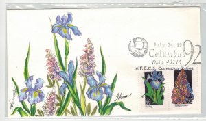 HAM HANDPAINTED WILDFLOWERS PAIR - BLUE FLAG & LUPINE + AFDCS CONV. CANCEL 1992