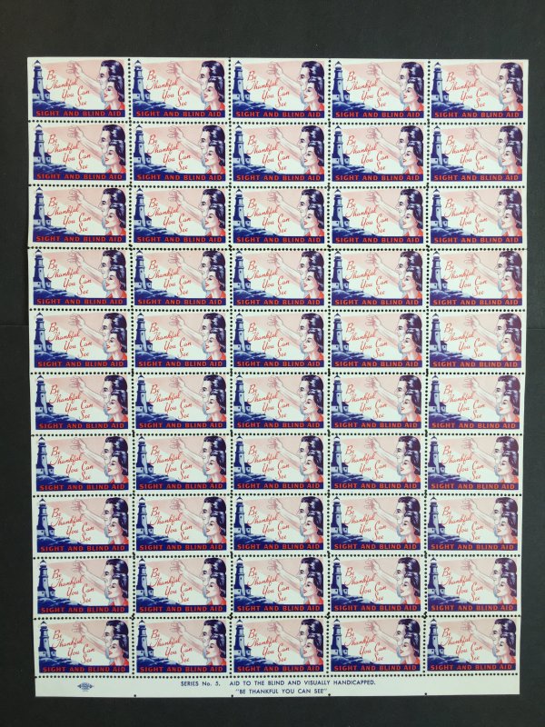 Full Sheet of 50 SIGHT AND BLIND AID Seal Stamps Be Thankful You Can See