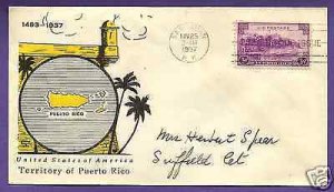801  PUERTO RICO 3c 1937 AT SAN JUAN, LINPRINT FIRST DAY COVER.