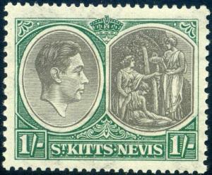 SG75 KGVI St Kitts Nevis 1938 1s black & Green Unmounted Mint