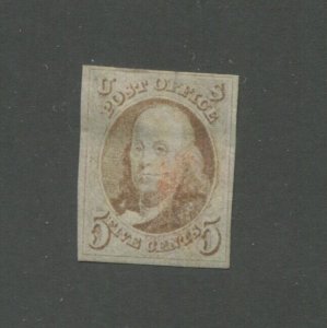 1847 United States Postage Stamp #1 Used Red Cancel Faded