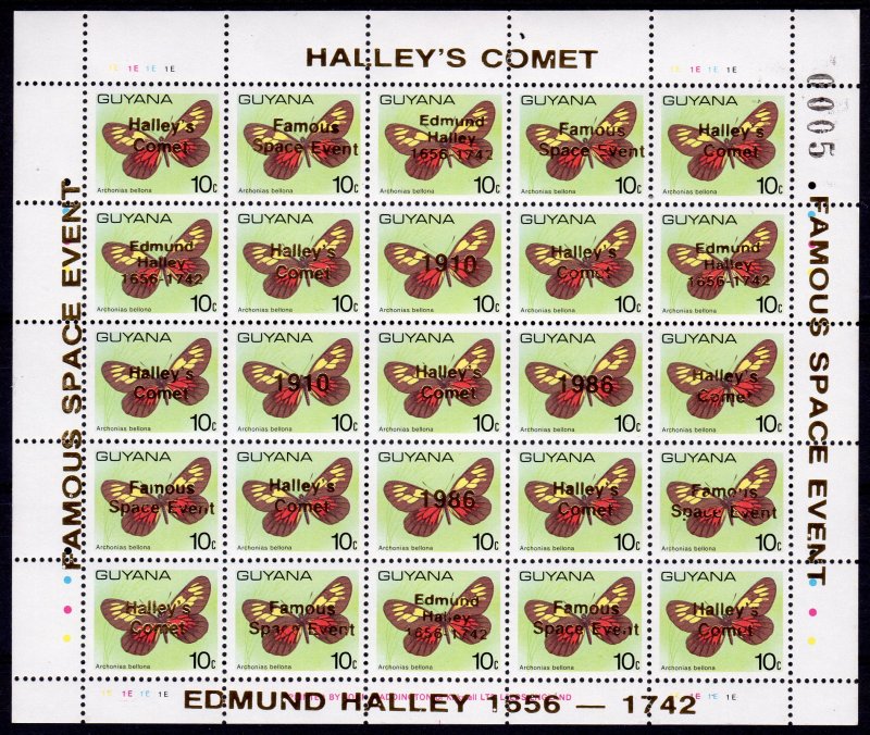 Guyana 1989 Halley's Comet Space ovpt.Gold on Butterflies Sheetlets (25) MNH