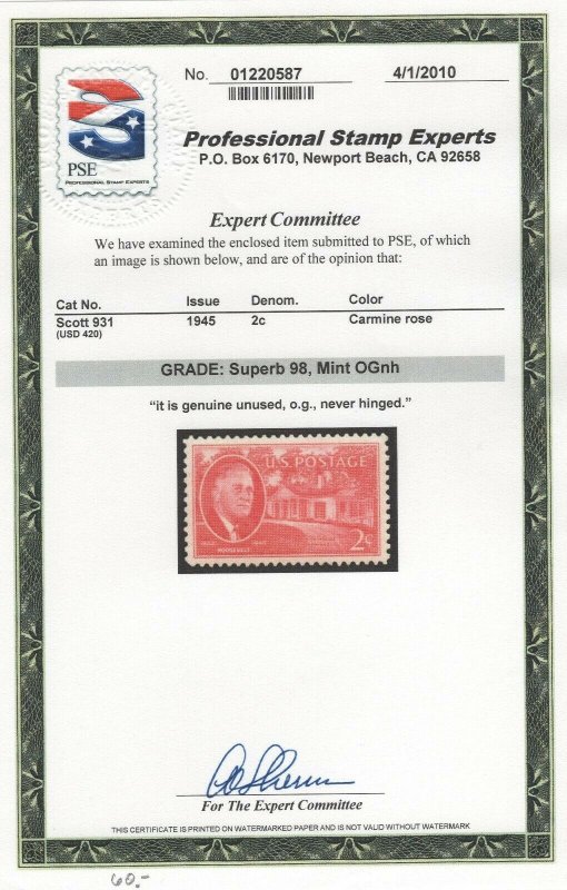 #931 Mint, Superb 98 O.G. N.H., S.M.Q. $60 w/ P.S.E. Cert  (GP2 7/23/19)