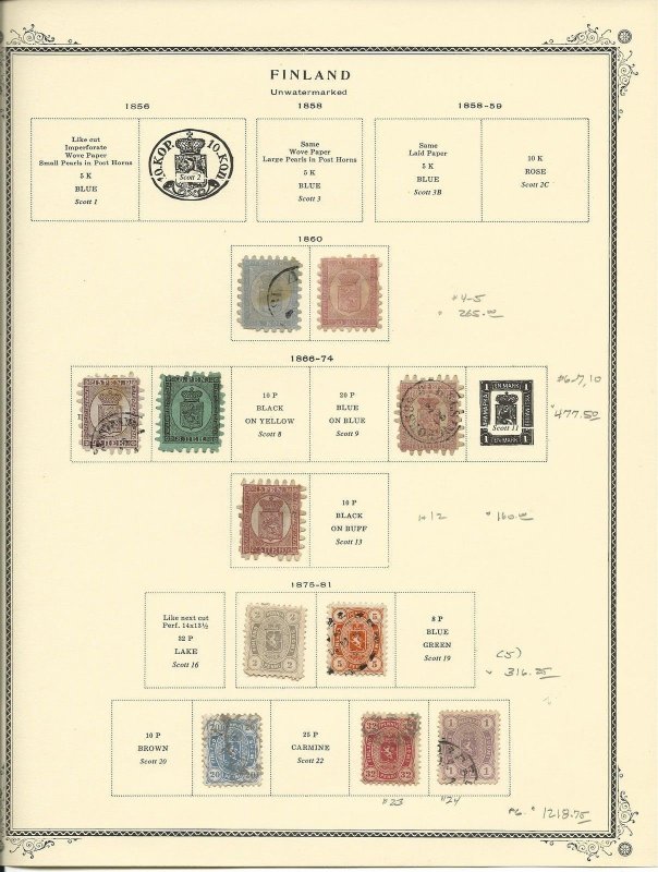 Finland Collection 1856-1881 on Scott Specialty Pages, SCV $1218