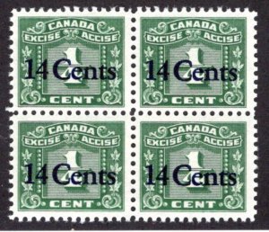 van Dam FX114 - 14 on ¼c, MNH, Block of 4, Canada Revenue O/P on 3 Leaf Excise