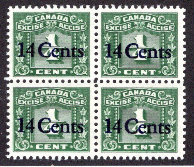 van Dam FX114 - 14 on ¼c, MNH, Block of 4, Canada Revenue O/P on 3 Leaf Excise