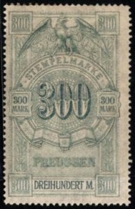 1911 German States Prussia General Revenue 300 Marks Blue Gray Perf 14 MNH