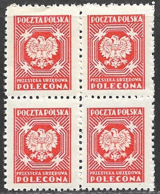 POLAND 1950-53 (1.55z) Polish Eagle OFFICIAL Block of 4 Sc O28 MNH