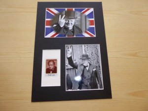 Sir Winston Churchill Ajman stamp and mounted photographs WWII mount size A4