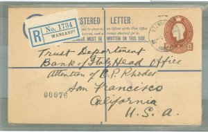 New Zealand  1930 Postal Stationery, 4c reg. env. used from Wanoanui