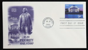 U.S. Used #3647 $3.85 Jeff Memorial ArtCraft First Day Cover. Pristine!