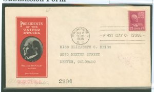 US 829 1938 25c William McKinley (presidential/prexy) solo on an addressed first day cover with an Ioor cachet.