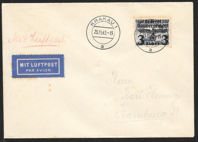 POLAND Sc#N47 Cover canceled 1940 Krakau to Hamburg