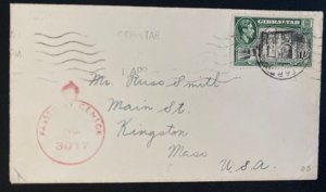 1940s Gibraltar Censored Cover To Kingston MA Usa