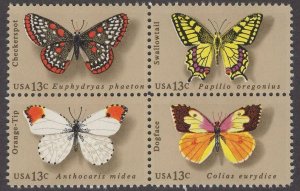 1977 Butterflies Block Of 4 13c Postage Stamps, Sc# 1712-1715, MNH, OG