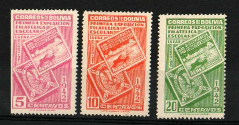 Bolivia 1942 Scott 274-6 mh fvf scv $3.50 less 50%BIN $1.75