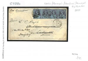 GB WALES INDIA MAIL Cardigans *Llanfarian* Numeral Cover Darjeeling 1888 C109a