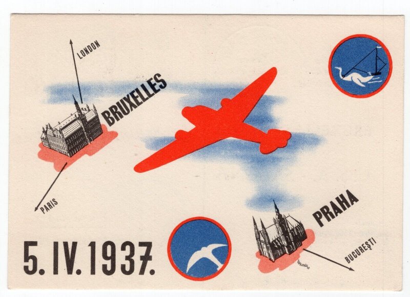 CZECHOSLOVAKIA 1937 BRUXELLES PRAGUE  AIRMAIL POSTCARD SEE SCANS (5)
