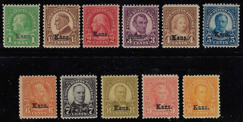 U.S. #658-68 MNH; 11 stamp set - Series of 1929 Kansas Overprint (1929)