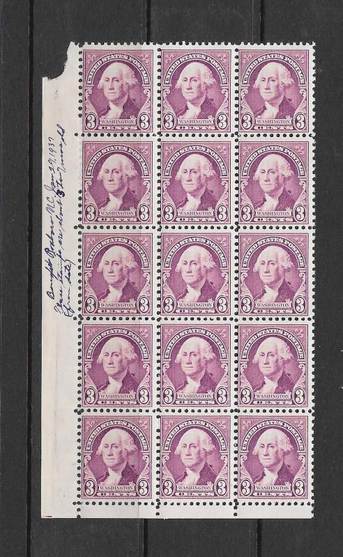 720 MNH, 3c. Washington, block of 15, w/ Inscription, Free, Insured Shipping