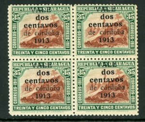 Nicaragua 1913 Liberty Gold Currency 2¢/35¢ Green & Black Sc 321 Block Mint Q539