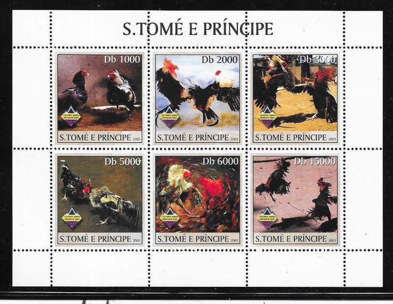 St.Thomas & Prince Islands  #11491 Fighting Roosters  sheet of 6 (MNH) CV$9.00