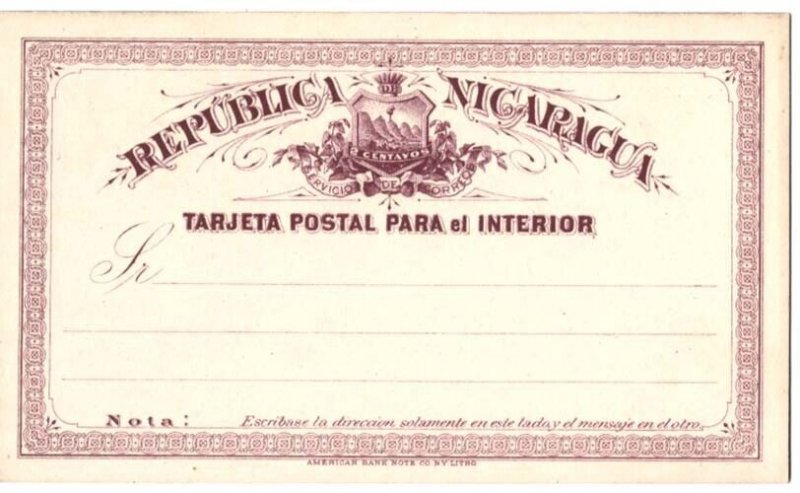 Nicaragua 1878 2c postal stationery card HG1, fine mint [ref 273/2584 sa/8o014 