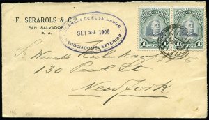 Salvador #336, 1906 cover (opened for display) to New York franked with 13x1c...